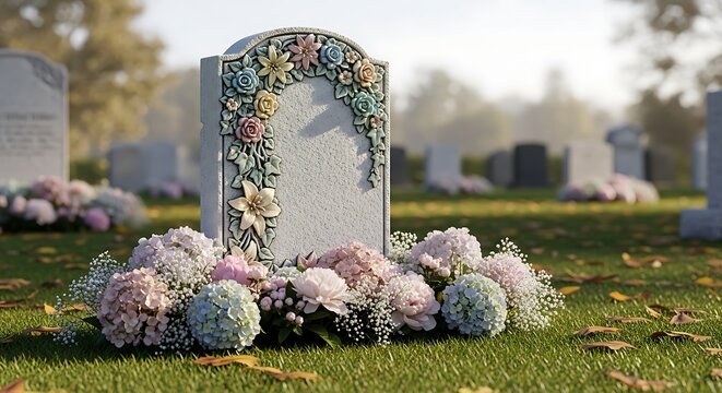 Elegant Blank Headstone with Floral Decoration in a Peaceful Cemetery.