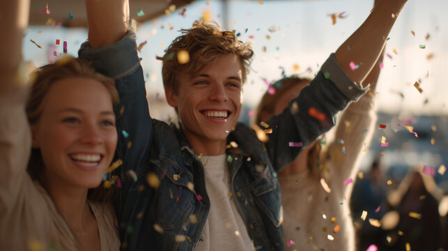 Confetti falling on a startup team as a payment terminal shows first sale complete, bootstrapped revenue celebration, small business first transaction, founder milestone moment, early traction achie
