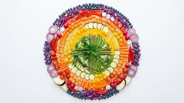 Symmetrical arrangement of colorful vegetables in rainbow order, overhead flat lay, aesthetic food photography
