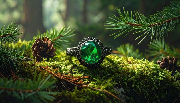 Enchanting Emerald Ring Resting on Mossy Forest Floor Amidst Pine Needles.