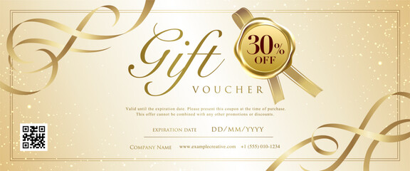 Naklejka premium Elegant Gold Gift Voucher Template with Ribbon & Wax Seal 