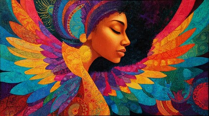 Fototapeta premium A vibrant and colorful illustration of a woman with wings, symbolizing freedom and beauty.