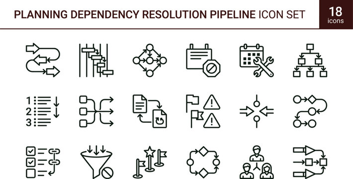 Planning dependency resolution pipeline outline icon set workflow mapping integration sequencing conflict management interface vector collection toolkit