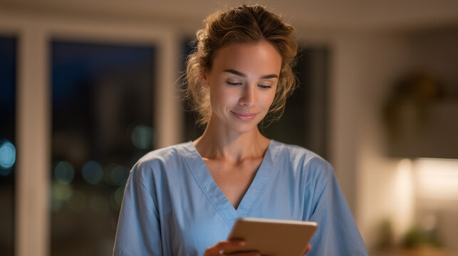 Single mother in scrubs reviews online mortgage calculator at 11pm, kitchen light the only brightness in apartment, exhausted healthcare worker housing barrier, low-income buyer, nursing salary home