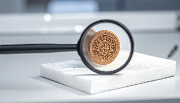 Close up of an ancient clay cylinder seal with intricate cuneiform inscription viewed under a magnifying glass
