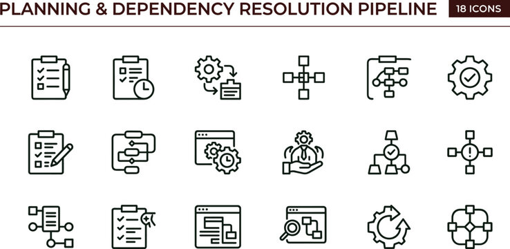 Planning dependency resolution pipeline outline icon set workflow sequencing integration coordination optimization interface vector collection toolkit