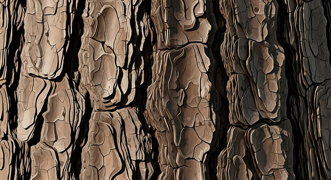 A close-up view of a tree's textured bark with deep cracks and grooves