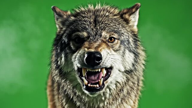 Gray wolf with open mouth showing teeth.