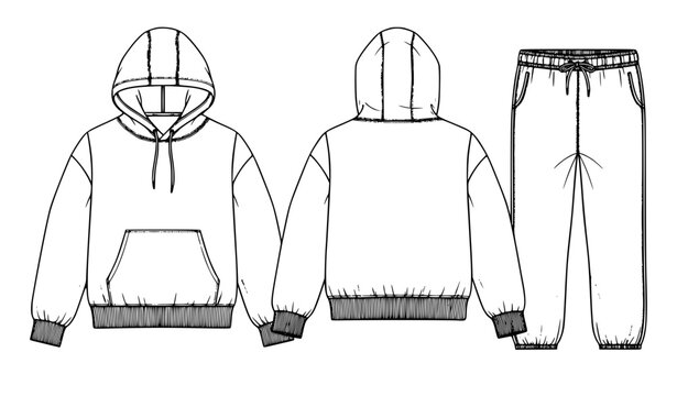 Hoodie and sweatpants flat sketch vector apparel technical mockup template