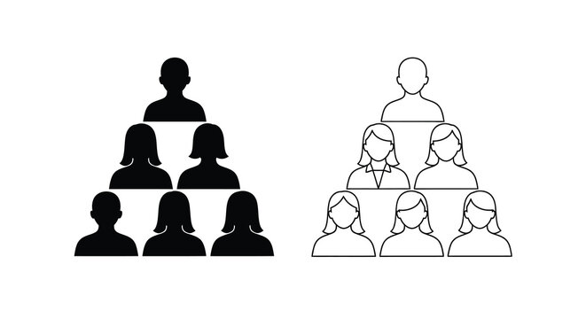 A black and white graphic depicts two pyramid shaped arrangements of human head silhouettes representing people high quality