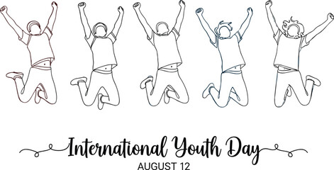 International Youth Day line art illustration with jumping young people celebrating energy and freedom for global event vector design © Sajjat
