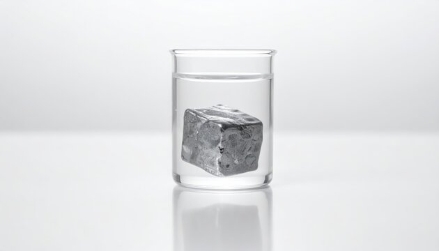 A metallic cube of sodium element suspended in a clear inert fluid within a sealed glass container