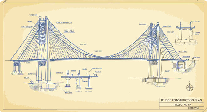 Architectural blueprint of a suspension bridge from 1950