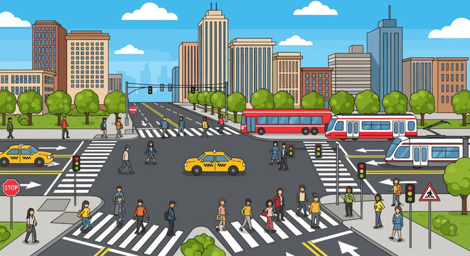 Busy City Intersection with Pedestrians, Trams, and Yellow Taxis