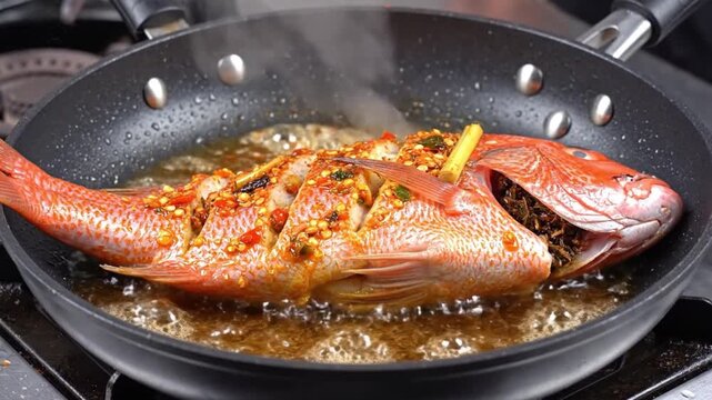 Whole red snapper seasoned with chili and spices cooking in a hot frying pan fish food seasoning
