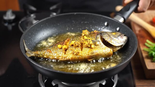 Whole fried fish being basted with hot oil from a spoon in a frying pan cooking food basting