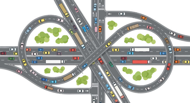 Busy highway interchange with heavy traffic congestion, traffic jam, transportation concept