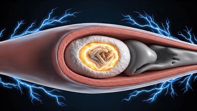 Close up of a blood vessel cross-section CGI animation showing arterial plaque buildup with electrical discharge effect in dark background