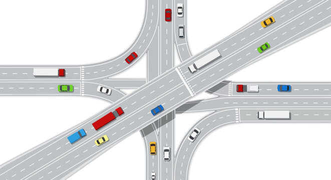 Busy highway interchange with traffic congestion, cars, trucks, and overpasses