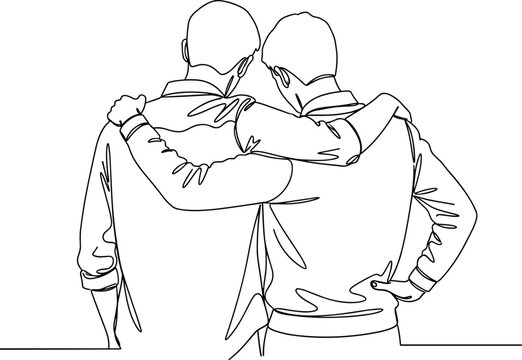 Two friends standing together with arms around each other back view line art illustration for friendship support and unity concept design