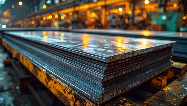 A stack of galvanized steel sheets displaying a characteristic mottled zinc texture in an industrial setting