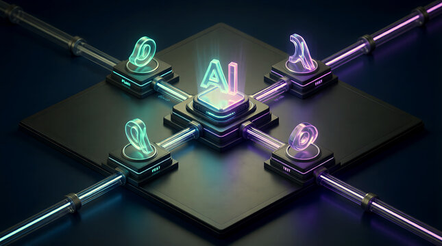 Agentic Coding Workflow Isometric 3D Visualization with AI Agent Orchestrating Plan Code Test Deploy Stages for Enterprise Development Pipeline Technology