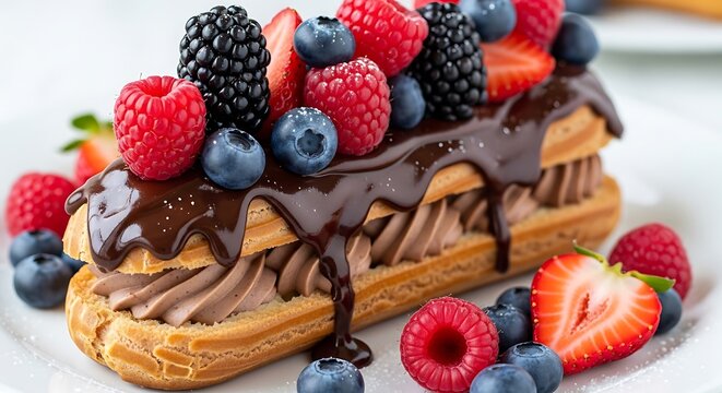 Delicious dessert eclair with berries and chocolate sauce on a white plate