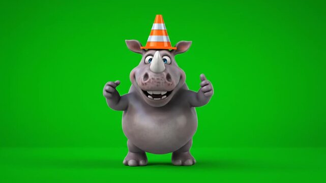 Rhino wearing cone hat plays soccer on green screen