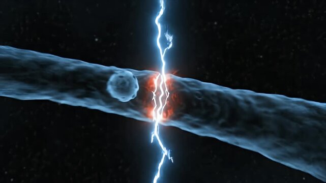 Close Up of a Neuronal Axon Being Stimulated by Electrical Impulses in Dark Space With Stars and Glowing Particles
