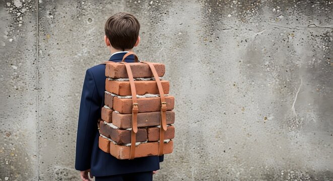 A young boy in a suit carries a heavy backpack made of bricks, symbolizing burden or responsibility.