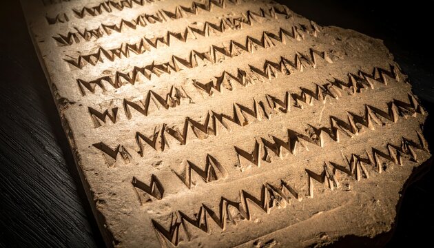 Detailed close-up of ancient cuneiform script meticulously carved into a sun-baked clay tablet, showcasing early writing history.