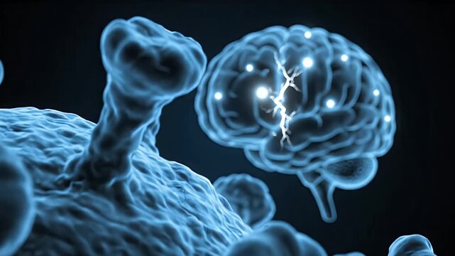 Close Up of Blue Coronavirus Particle Affecting Human Brain With Glowing Neural Connections on Dark Background