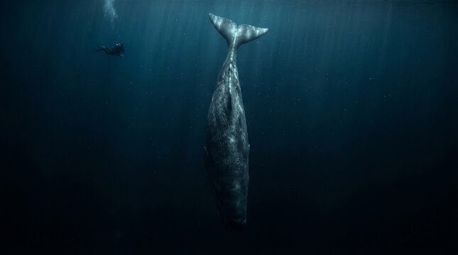 Sperm whale sleeping vertically in the deep ocean with a scuba diver