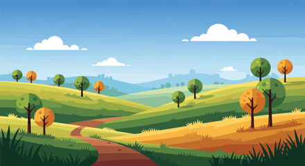 Naklejka premium Beautiful Vector Rural Landscape with Winding Path Rolling Green Hills and Stylized Trees under Sunny Blue Sky