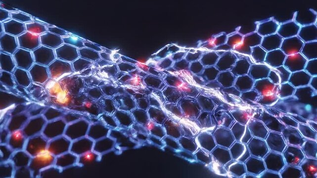 Cinematic macro footage of twisted bilayer graphene nanotubes with glowing nodes 4k video