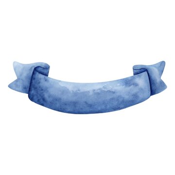 Hand-painted watercolor blue banner ribbon. Empty decorative scroll element for text isolated on white background.