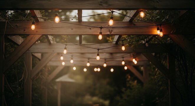 Decorative string lights illuminated on wooden structure for evening event