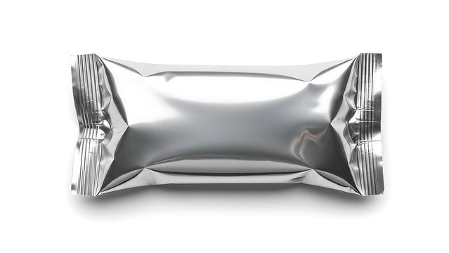 A shiny silver foil wrapped chocolate bar on a white background