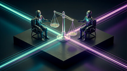 Obraz premium Inter-Agent AI Negotiation Isometric 3D Visualization with Balance Scale Construct and Alternating Light Streams for Enterprise Coordination Technology