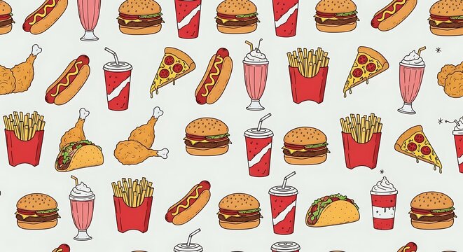 Delicious fast food pattern hamburger pizza fries taco and drinks illustration