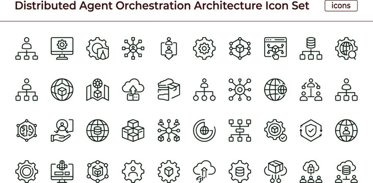 Distributed agent orchestration architecture outline icon set automation coordination network integration workflow management interface vector collection toolkit