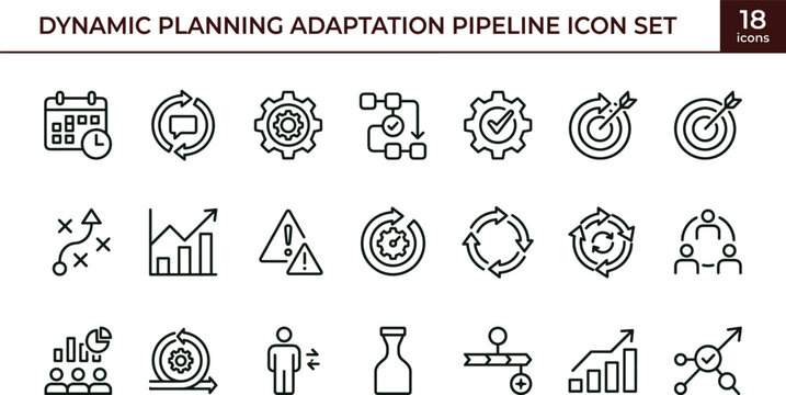 Dynamic planning adaptation pipeline outline icon set agile strategy monitoring optimization workflow analytics interface vector collection toolkit