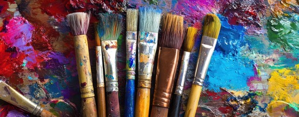 Fototapeta premium The Paintbrushes Resting on a Vibrant Textured Artist's Palette with Colorful Paint