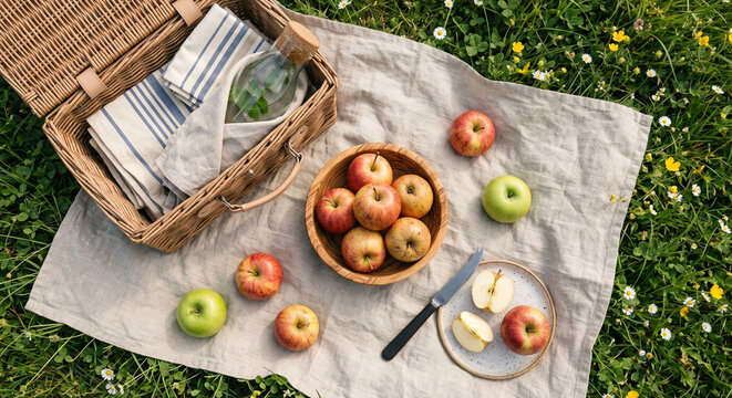 Picnic and outdoor flat lay with fresh apples on linen blanket, picnic and outdoor flat lay in spring grass with wicker basket