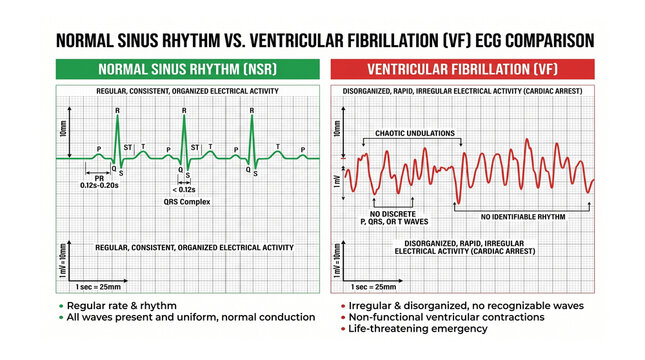 Normal Sinus Rhythm vs Ventricular Fibrillation (VF) - ECG Comparison - Side-by-Side Cardiac Arrest Rhythm Analysis