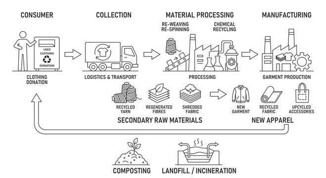 Sustainable textile industry infographic in black contour style showing clothing recycling process and circular fashion economy