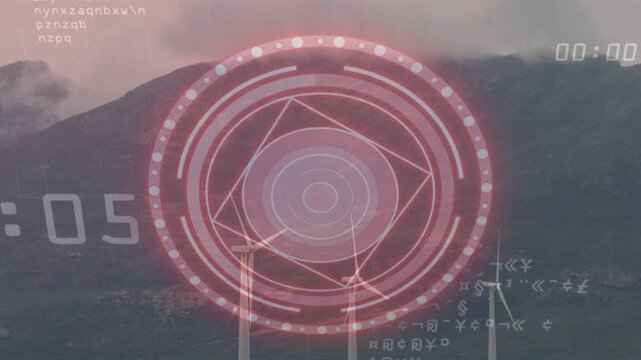 Red HUD rotating and pulsing over wind farm, frame counter advancing, driving energy data updates