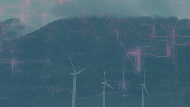 Magenta overlay emerging, three turbines rotating slowly while nodes pulsing, showing energy flow