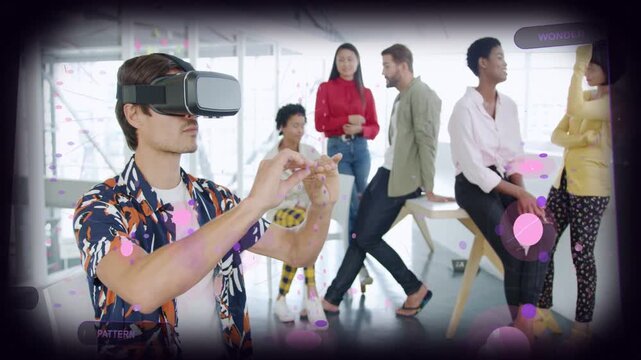 Man with VR headset using gestures navigating, selecting pink or purple orbs, demoing tech UI for te