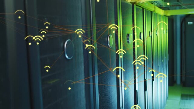 Animated yellow icons appearing on racks, connecting, pulsing, shifting right, showing data flow